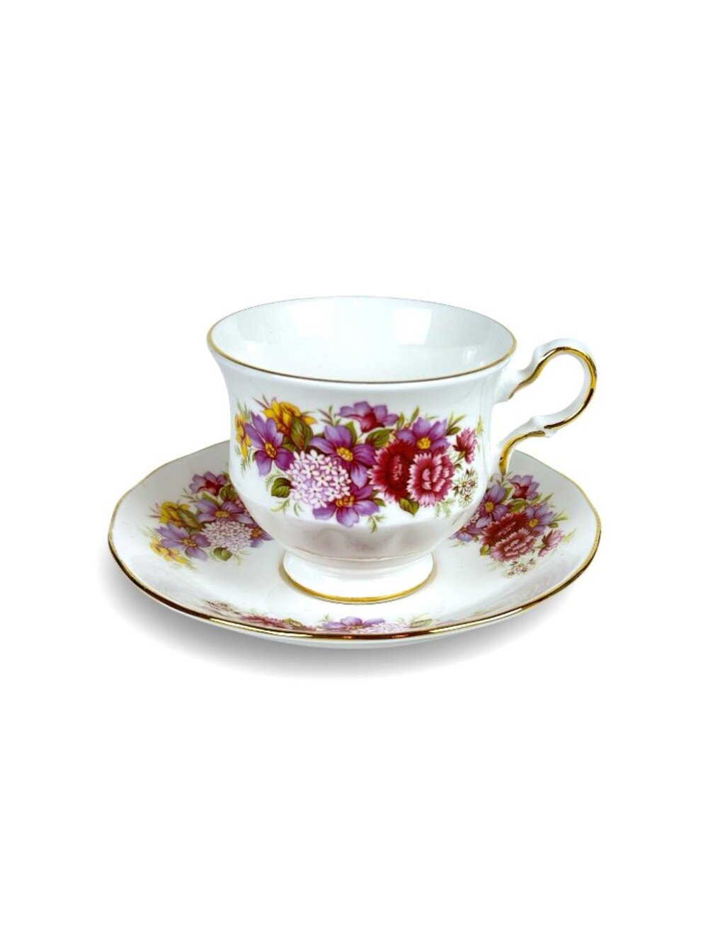 Vintage Queen Anne Fine Bone China Teacup Saucer Purple Red Floral Gold Trim